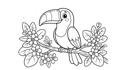 Fototapeta premium Cute toucan bird sitting on a tree branch with spring flowers for a kids coloring book page activity illustration