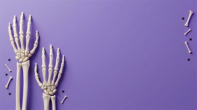 Human skeletal hands and bones arranged on a vibrant purple background