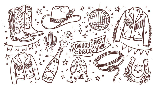 Hand drawn doodle set of pink cowboy disco party elements with hats boots jackets disco ball and champagne for celebration