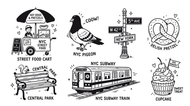 Set of cute hand drawn New York City icons with a food cart pigeon subway train park bench pretzel and sweet cupcake