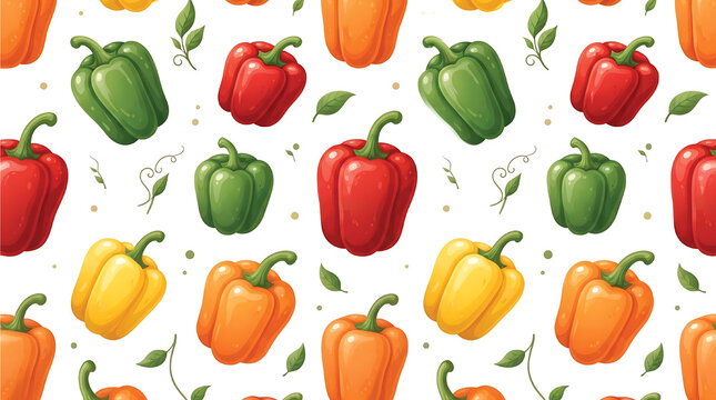 Seamless vector pattern of colorful bell peppers capsicum with leaves on white background