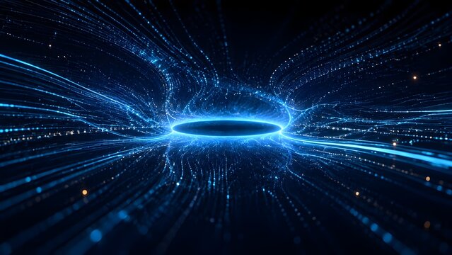 High speed blue data streams flowing into central vortex representing futuristic quantum computing and fiber optic network infrastructure