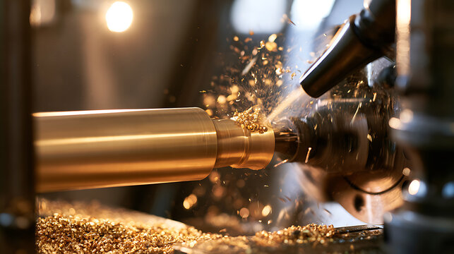 Precision metal lathe machine operation in an industrial factory workshop with bright metal shavings flying around during heavy production process