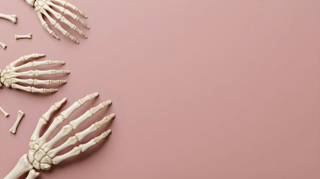 Pale skeletal hands and bones arranged on a soft pink background with copy space
