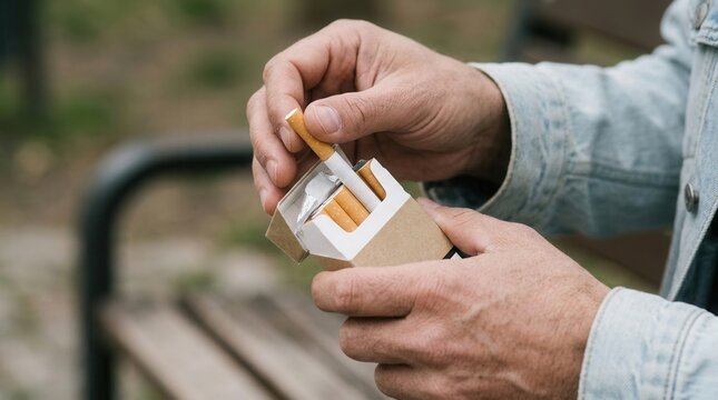 Hand Reaching For Cigarette From Open Pack Outdoors Casual Setting