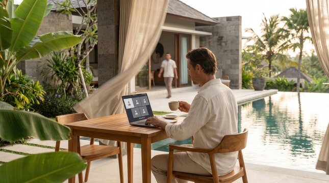 A male entrepreneur conducts a professional online video meeting using a laptop computer while sitting outdoors at a wooden table near a tranquil swimming pool during a productive working