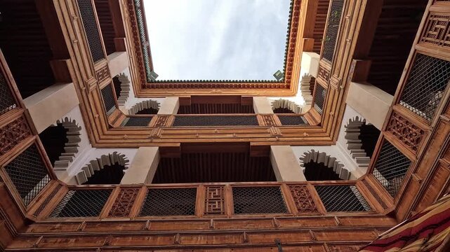 Tiled corridor with zellige pillars in the Medersa Attarine, Fez, Fes-Meknes, Morocco