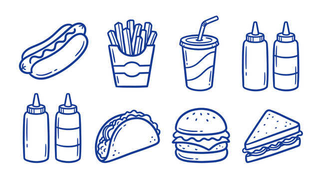 Set of hand drawn fast food icons featuring hot dog french fries soda burger taco sandwich and ketchup mustard bottles