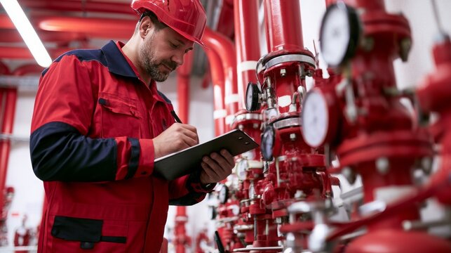 Engineer inspecting safety equipment on fire extinguishing system, checking industrial emergency protection devices, fire prevention technology, workplace safety, maintenance and risk control