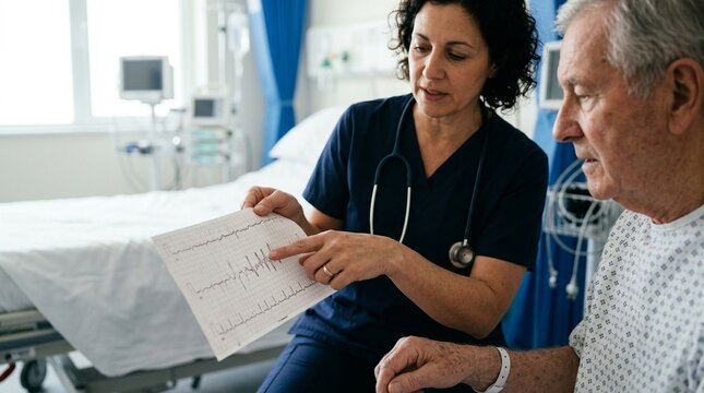 Cardiologist smiling while reviewing a normal ECG tracing result with a relieved patient