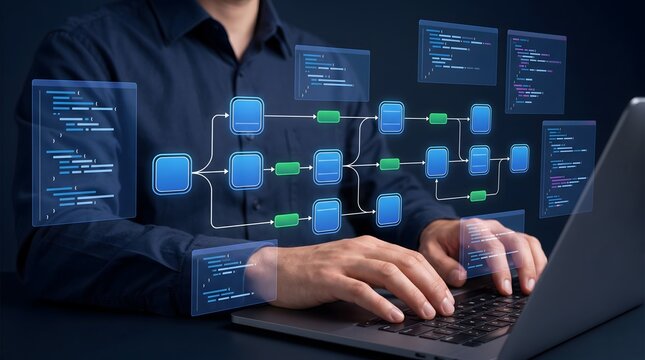 Programmer working on laptop with flow chart and code