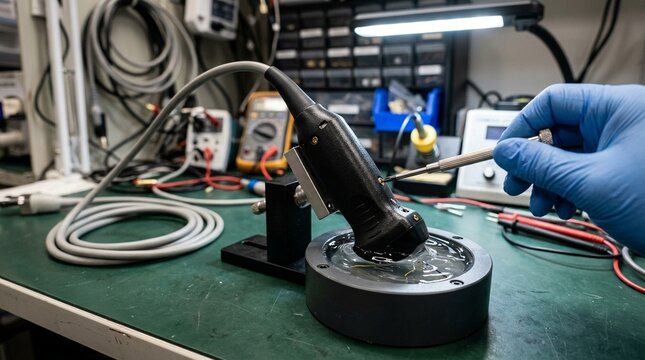 Ultrasound transducer being calibrated at a biomedical engineering service bench