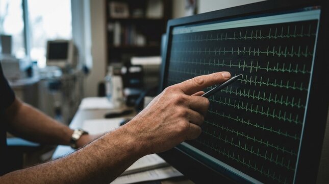 Cardiologist reviewing a Holter monitor ECG recording download on a workstation screen
