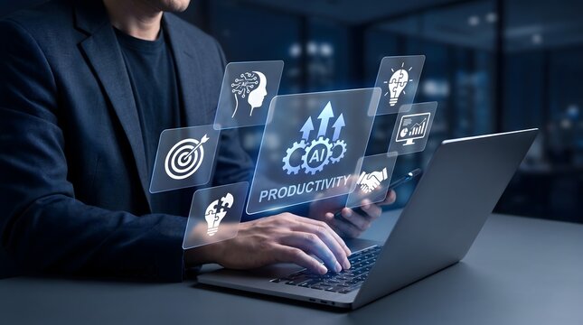 AI productivity concept with business icons and upward arrows