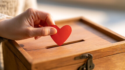 Obraz premium Close-up view of a person hand put red paper heart into wooden donation box for charity, love, care, and social support concept shot