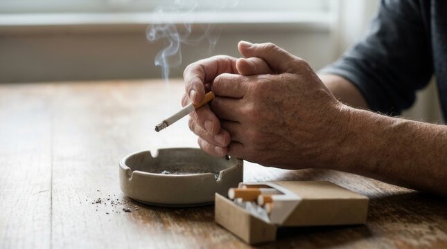 Hands Holding A Smoking Cigarette Near An Ashtray And Pack