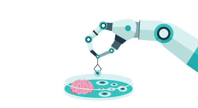 Robotic Arm Manipulating Cells and Human Brain in Petri Dish: Biotechnology and AI Healthcare Concept Illustration