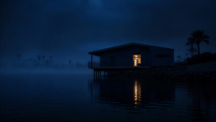 Obraz premium Modern waterfront house illuminated at night in heavy fog. Minimalist tropical landscape with glowing light reflecting on dark water