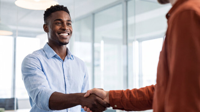 Smiling man shaking hands with a colleague in a modern glass office