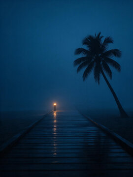 Vertical photo of a wooden pier in dark blue fog at night. Minimalist tropical landscape with a glowing light post and palm tree silhouette. Copy space for text