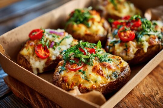 Baked potatoes topped with cheese, herbs, and sliced red chili peppers served in a cardboard tray on a rustic wooden table