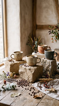 handcrafted ceramic coffee cups displayed on sculptural stone podiums surrounded by coffee beans, dried botanicals, and soft natural shadows for luxury branding , copy space, International Coffee Day