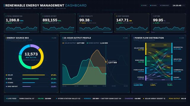Explore a modern renewable energy management dashboard featuring dark-mode design with glowing KPI metrics and dynamic visualizations for energy source analysis and live data feed.