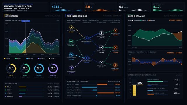 Explore a sophisticated renewable energy grid integration dashboard featuring vibrant charts, dynamic diagrams, and real-time data visualizations in a modern layout and color palette.