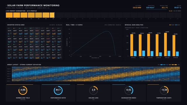 This detailed solar farm performance monitoring interface showcases a precision layout with animated energy generation, inverter status, and real-time IV curve analysis in vibrant colors.
