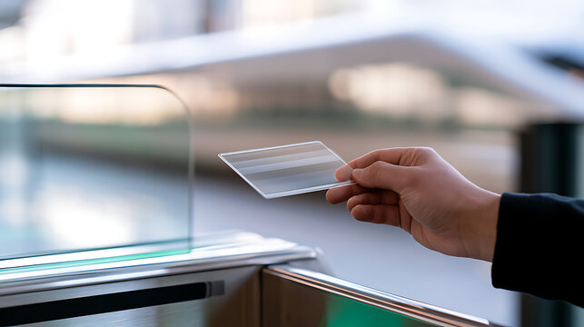 Close up of person hand touch pass card at ticket gate barrier sensor entry station for rapid transit public transport commuter system access