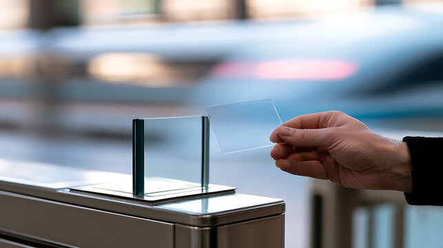 A passenger hand scan a digital smart card at a station turnstile gate for public transport travel, technology and modern transit life