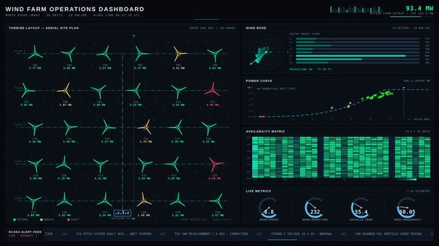 Aerial view of a sophisticated wind farm operations dashboard featuring animated turbine metrics, power curves, and real-time wind data in a sleek modern interface design.