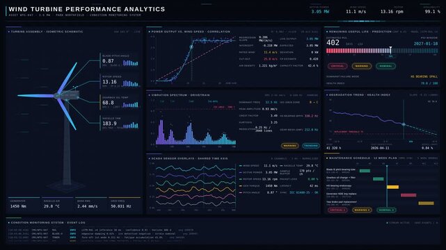 Explore the intricate features of a wind turbine performance analytics dashboard showcasing real-time data visualizations and interactive elements in a modern design.