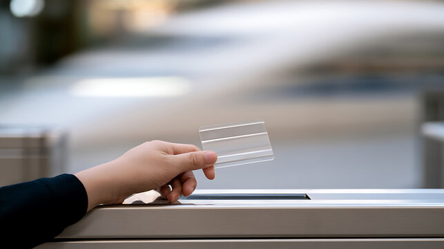 Close-up of a person hand tap a smart card on an automatic ticket gate reader to enter public transport station terminal or office gate