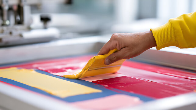 A person hand pull squeegee across silk screen mesh frame with bright yellow ink during fabric print process in professional art workshop studio