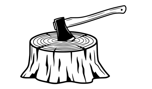 Black and white axe embedded in tree stump vector illustration for logging and deforestation