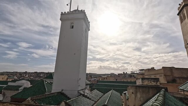 Square minaret above green medina rooftops, Fes el-Bali, Fes-Meknes, Morocco