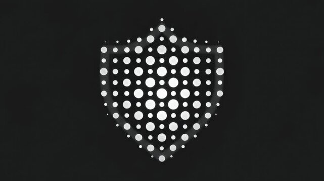 Shield symbol formed by glowing digital light dots, abstract motion graphic animation, seamless loop on a dark background representing cybersecurity and data protection concept