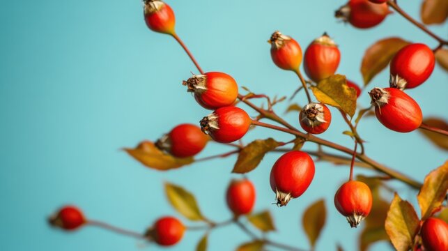 Vibrant rosehips against a serene sky, showcasing autumn's gentle transition