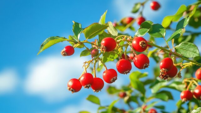 Vibrant hawthorn berries against the azure sky offer a charming botanical vista