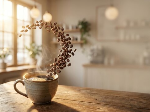 Roasted coffee beans swirling into a ceramic mug with hot steam on a rustic wooden table in a sunlit kitchen, representing a morning coffee ritual and cozy home atmosphere.