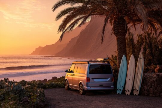 Van parked near ocean with surfboards beside it, palm trees in foreground, and rocky cliffs at sunset, creating a serene coastal scene