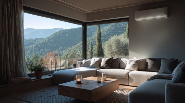 Modern living room with large windows showcasing mountain views, featuring a gray sectional sofa, wooden coffee table, and decorative plants in a serene setting