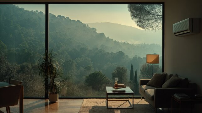 Modern living room interior with large glass window showcasing misty mountain landscape, featuring a cozy sofa, coffee table, and indoor plants for a serene atmosphere