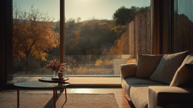 Modern living room interior with a cozy sofa, round coffee table, and a view of autumn trees through large glass windows in warm evening light