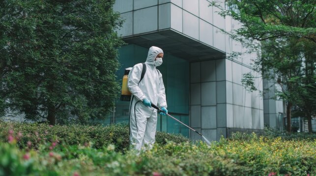 Person in protective suit spraying pesticide on plants in urban garden area near modern building, wearing gloves and mask for safety during pest control
