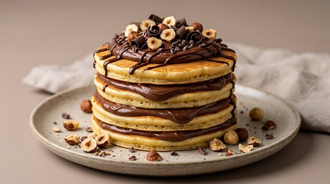 Fluffy pancakes stack with chocolate hazelnut spread and nuts