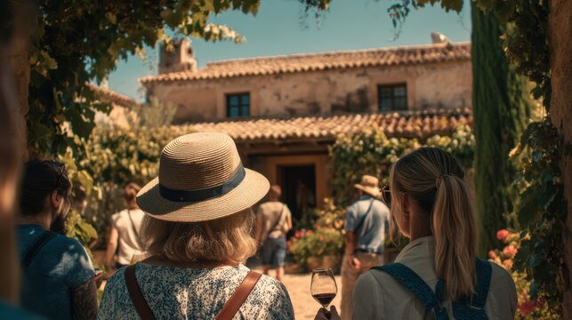 Group of people walking towards a rustic house surrounded by greenery, one woman holding a glass of wine, wearing a straw hat and casual attire