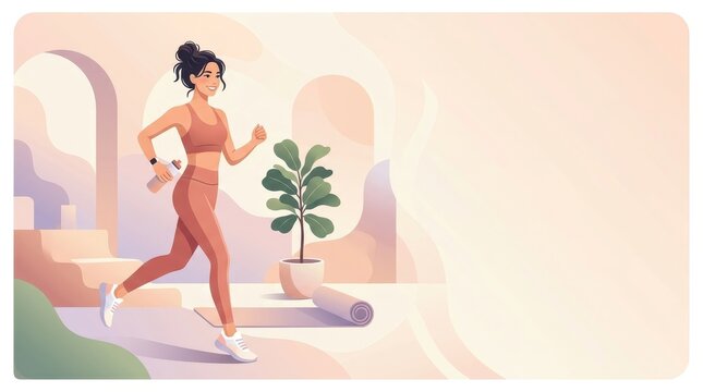 Woman running in sportswear with fitness equipment in a modern interior, concept for healthy lifestyle, wellness, and home exercise routines for physical activity