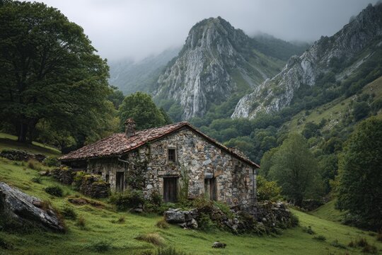 Stone cottage nestled in a lush green valley surrounded by towering mountains and misty clouds, showcasing rustic architecture and natural beauty in a serene landscape